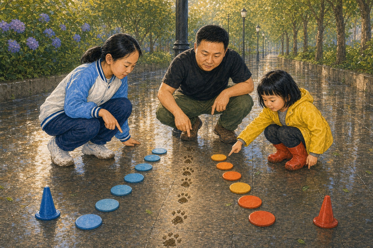 雨后路灯间的猫脚印位于中央，开米和米悦从相反两侧用彩色圆片标出到脚印的等长间隔，爸爸蹲下观察
