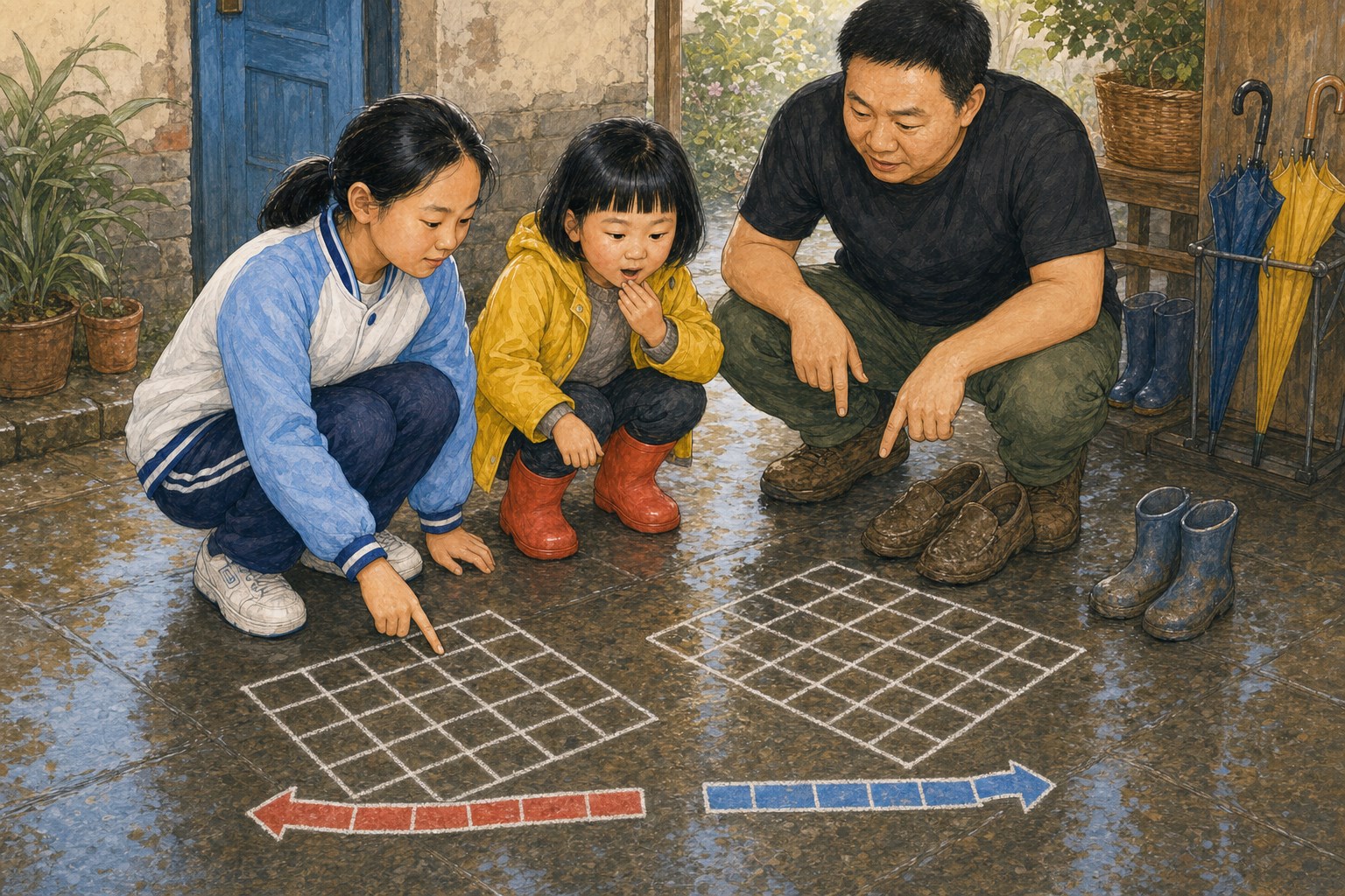 雨后地面有两块同样大的粉笔方格和方向相反的彩色带，开米和米悦比较方格，爸爸指向两双沾泥的鞋