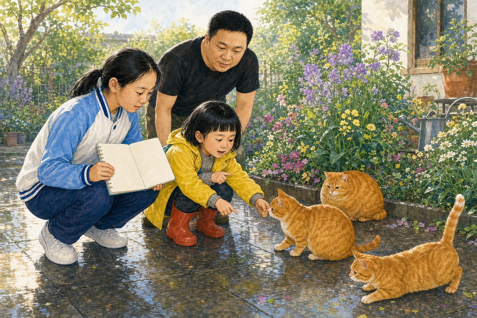 雨后花园里正好有三只体型不同的橘猫，米悦向最近的猫递饼干并观察尾尖，开米拿着空白记录本，爸爸在身后观看