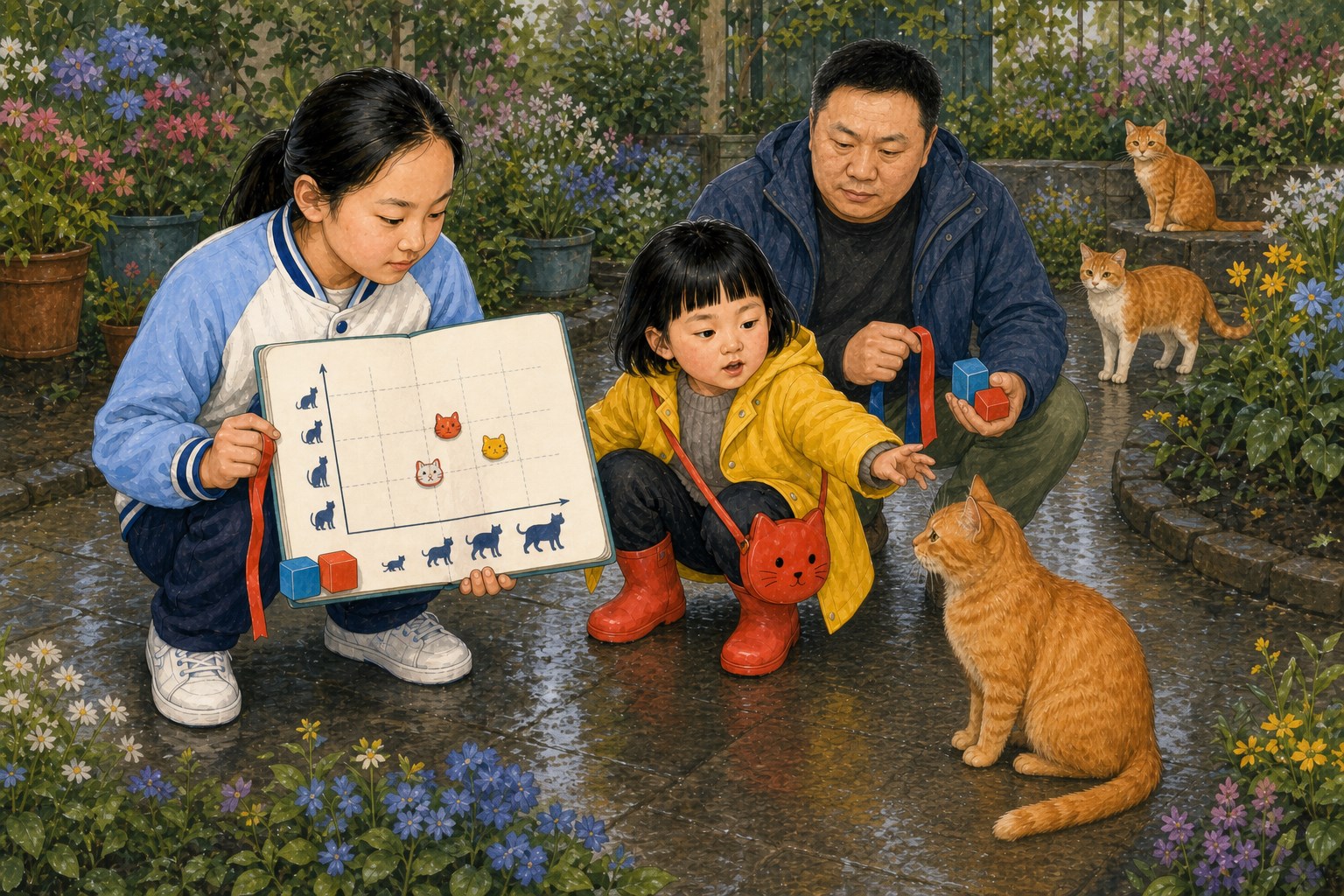 花园里的三只候选橘猫形态不同，开米和米悦用体重与身高两种测量工具比较特点，爸爸拿着不同尺度的工具提醒她们观察单位