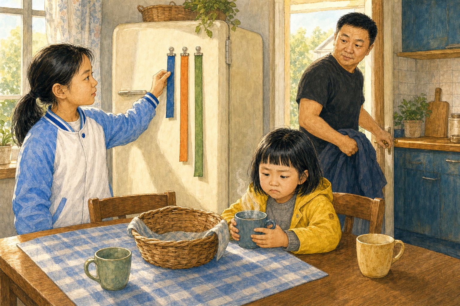 周六早晨的厨房里，米悦捧着已经不冒热气的杯子，开米比较冰箱上长短不同的三条计时带，爸爸准备出门买面包