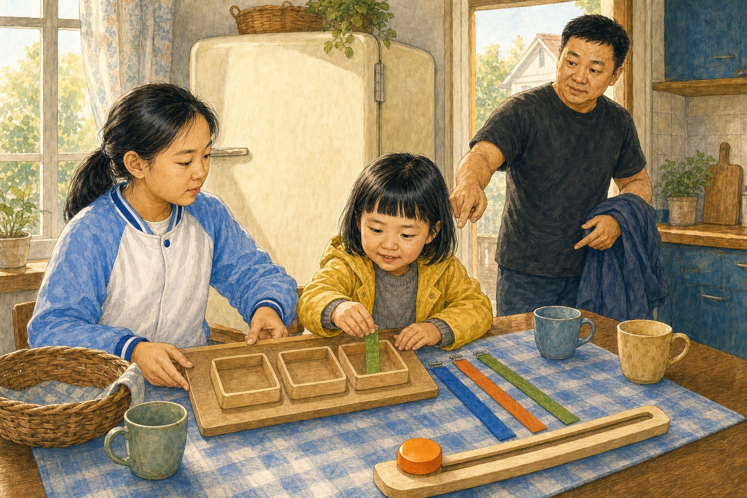 姐妹把三条不同长度的计时带轮流放进三个相同的空木盒，桌边还有一个可以左右移动的橙色候选旋钮，爸爸在门边提出问题