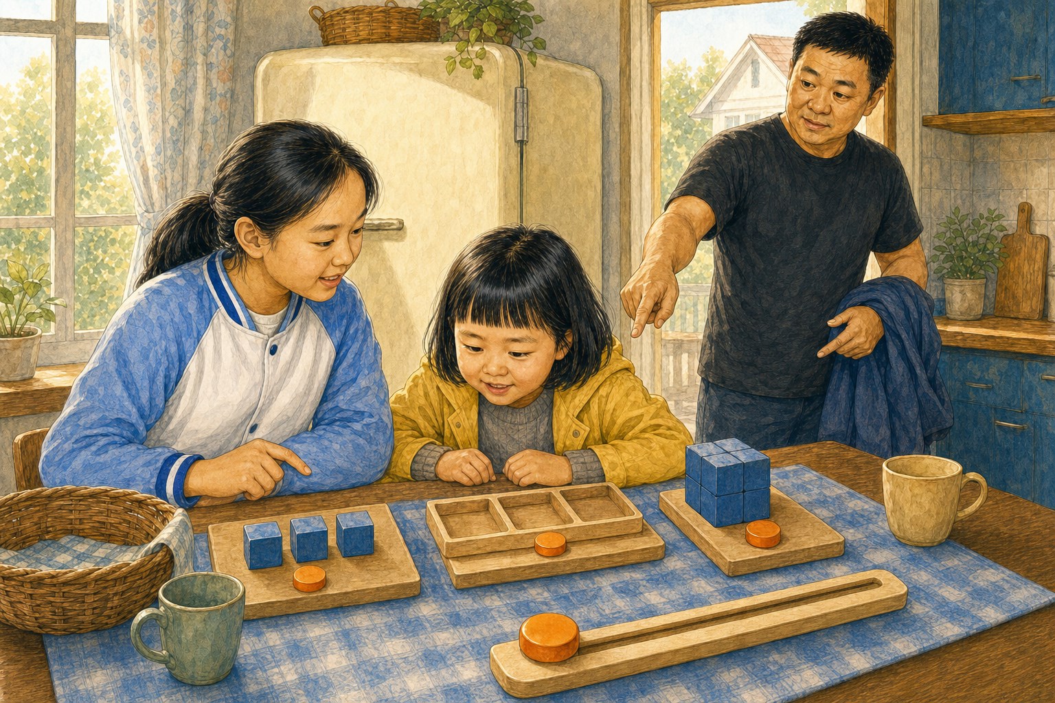 桌面上用三组蓝色方块、空记录盒和立方体展示同一枚橙色标记放在不同位置时承担不同任务，姐妹俩靠近观察，爸爸在旁提问