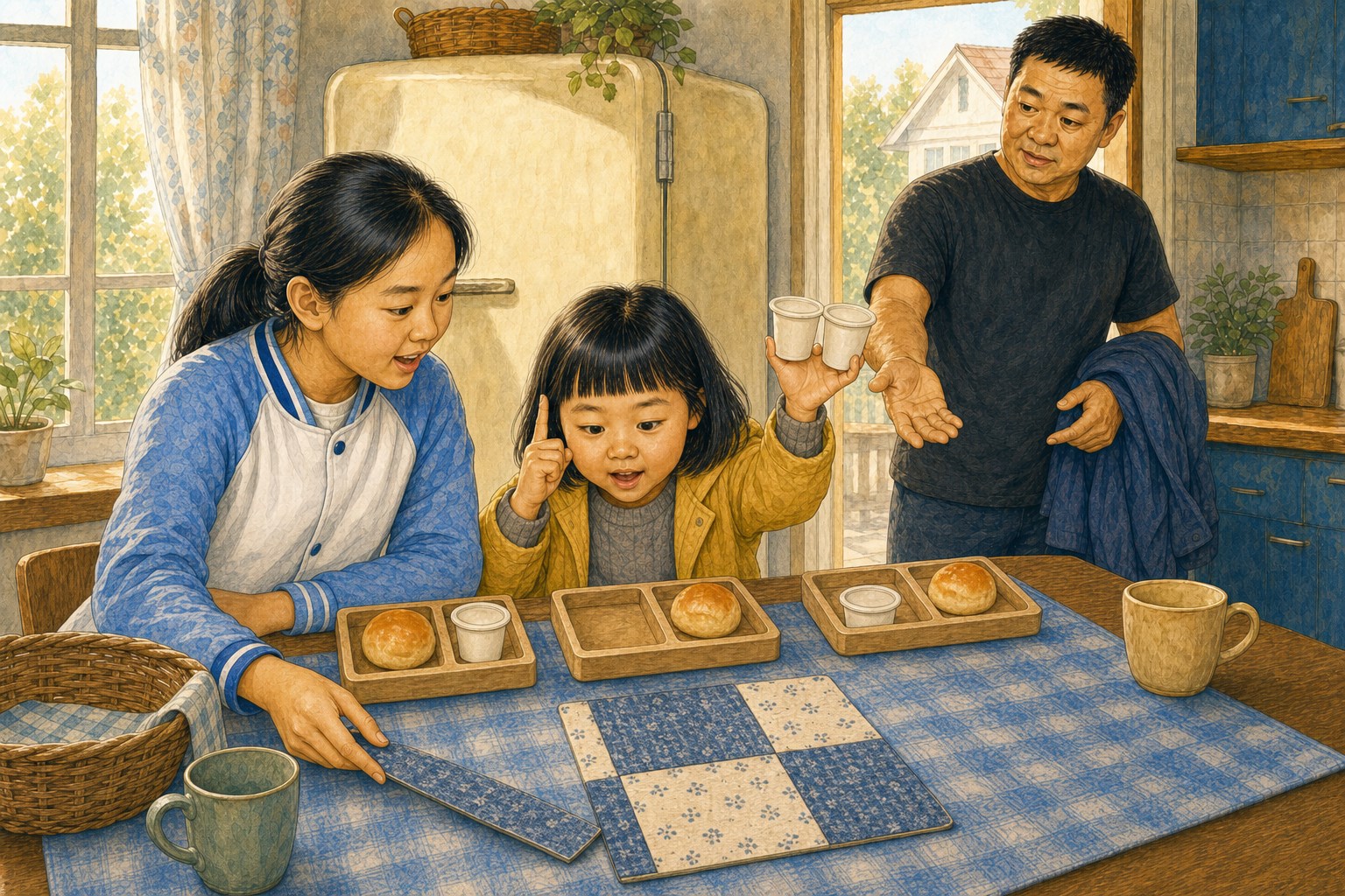 三只早餐盘中有两只缺少酸奶，米悦正把两杯酸奶补进去；桌前的正方形隔热垫由两个方块和两条长方形拼成，爸爸摊开手发问
