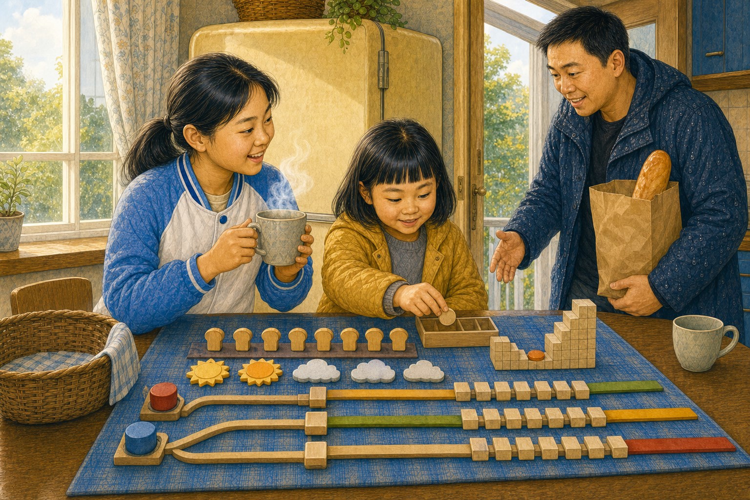 几个周六后，姐妹把晴雨和排队线索加入新的预测装置，爸爸带面包进门时杯中仍有热气，米悦把当天结果继续放入空记录盒