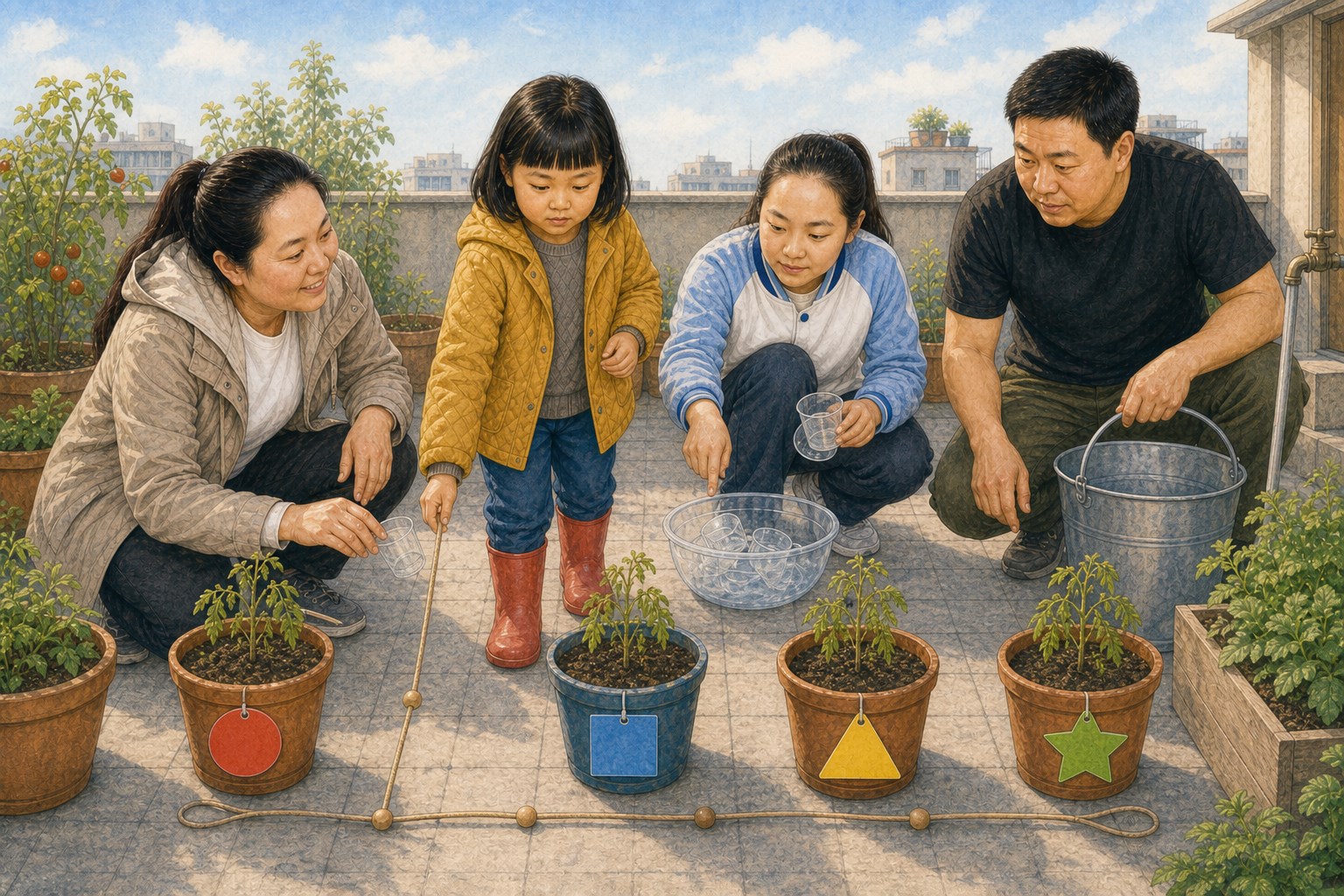四盆植物挂着不同形状的空白标记,米悦沿绳珠依次移动,妈妈递出每盆量杯,开米把量杯加入同一个透明碗,爸爸守在水桶旁观察