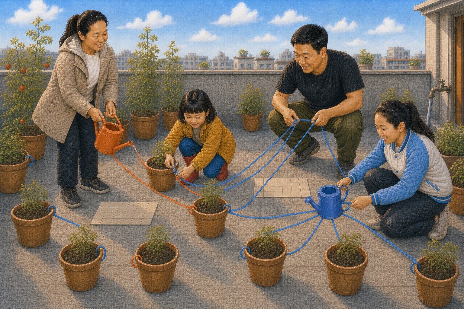妈妈与开米分别把橙色和蓝色水壶搬向各组中间,爸爸汇拢蓝组距离绳,米悦把边界花盆的旧色带换成更近水壶的颜色,原位置留下空方垫
