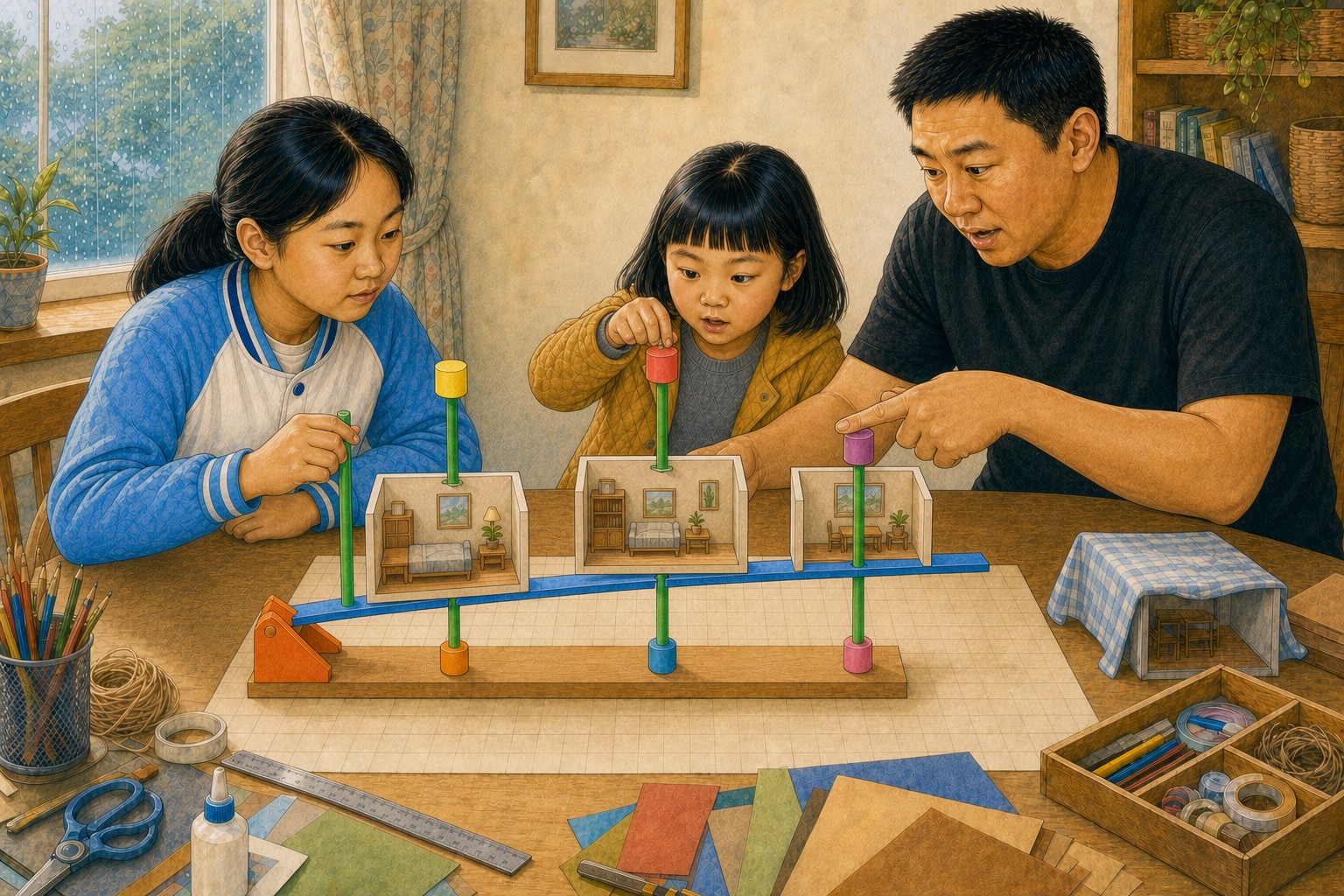 三间已知小屋在同一条蓝色预测轨旁，开米和米悦用绿色竖杆测量每个真实价格标记到同一横向位置预测线的高低差，爸爸指向一组配对