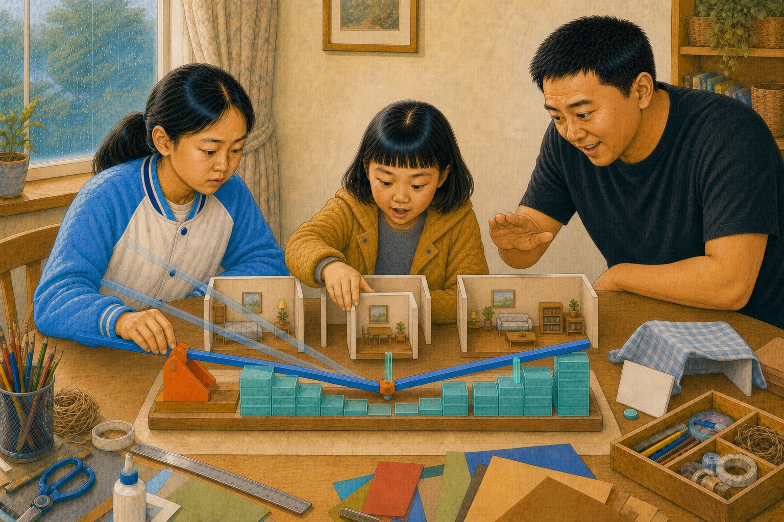 最佳斜率固定后，开米把第四间中等小屋推到已知范围中，预测标记升到蓝轨，米悦翻开价格卡发现真实标记就在附近但并不完全重合，爸爸做出谨慎手势