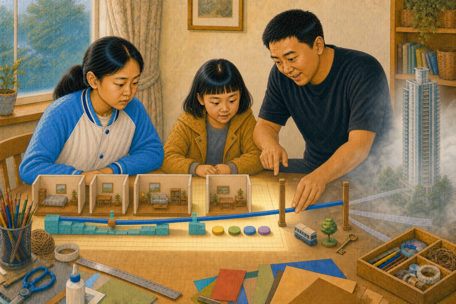 四间熟悉小屋位于有数据支持的明亮区域，米悦试图把预测轨延伸到雾中的高楼，轨道在范围外分成多种方向，开米摆出交通、房龄和环境线索，爸爸在边界处总结