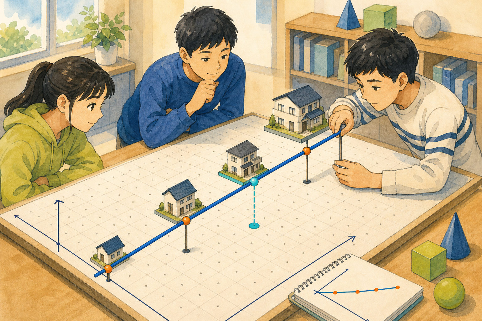学生把不同大小的房屋模型与已知数据点放在预测直线上，并利用已知趋势估计一座新房屋对应的数值