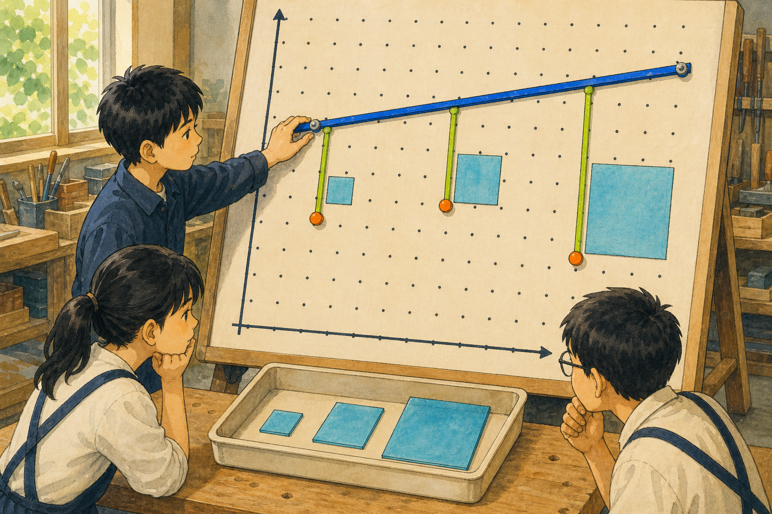 学生测量三个数据点到预测线的竖直残差，每个残差变成同边长的正方形，三个正方形一起组成直线的损失
