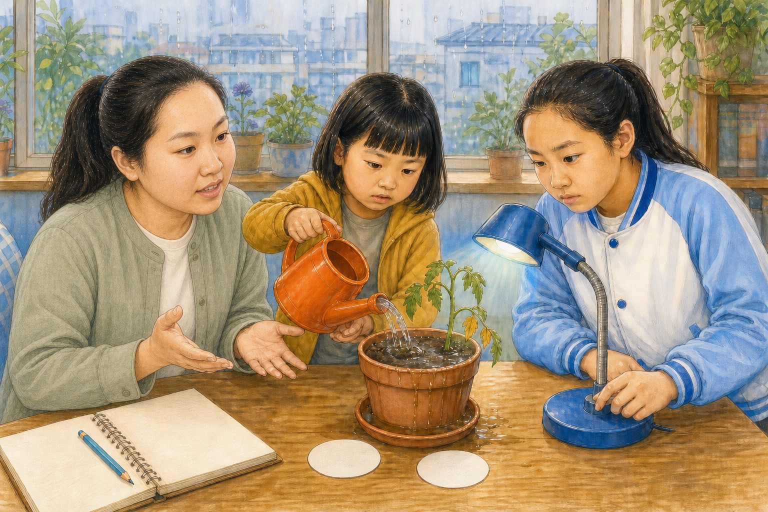 雨天窗边，米悦给低头的小番茄苗浇水，开米同时调亮蓝色补光灯，穿绿色外套的妈妈摊开双手提出疑问