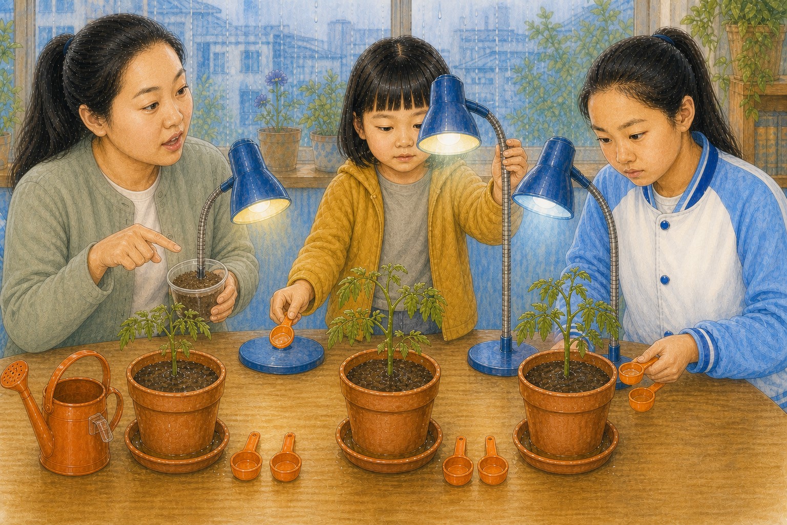 三盆相近小苗得到相同的两小勺水，却接受不同强度的灯光，米悦准备拿走水杯，妈妈指向干土，开米保持水量一致