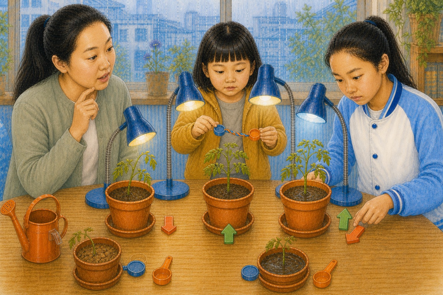 不同灯光和水量下的几盆小苗出现低头、舒展和叶缘发干等变化，开米摆出向上向下的方向块，米悦用双色绳连接灯光与水量标记，妈妈观察