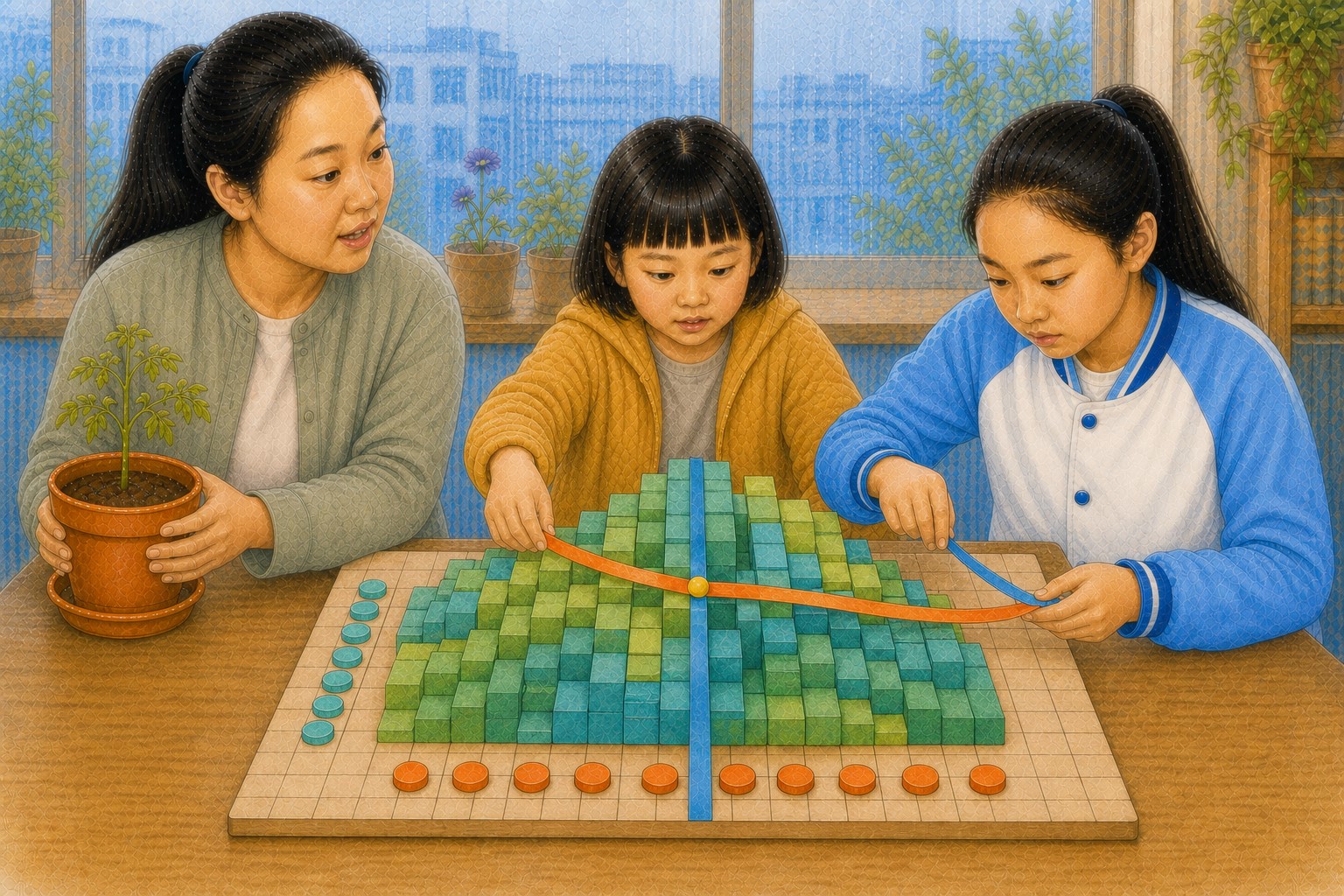 姐妹俩用绿蓝积木搭出表示植物状态的起伏曲面，橙色与蓝色丝带从同一点沿两个方向切过曲面，妈妈抱着小苗观察不同坡度