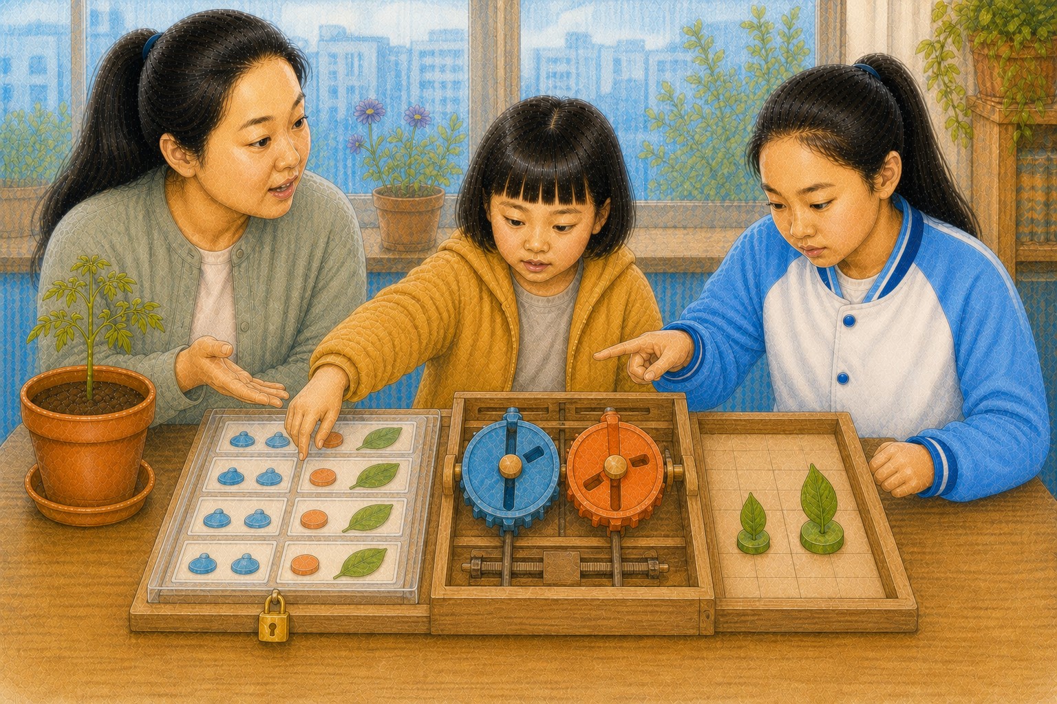 透明罩锁住过去的灯光水量和叶片记录，预测装置中央有蓝橙两个可调旋钮，米悦想移动真实叶片卡，开米阻止并指向内部旋钮，妈妈在旁观察