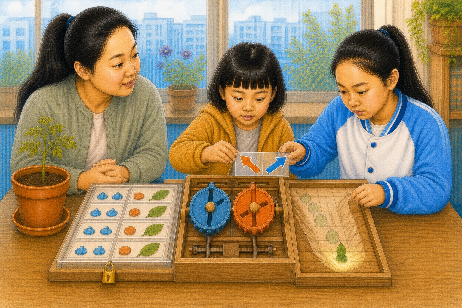 姐妹俩分别取得蓝色与橙色方向卡，再把两张卡合成一个斜向移动，模型标记沿损失谷轨迹下降，两个内部旋钮同时转动，妈妈点头