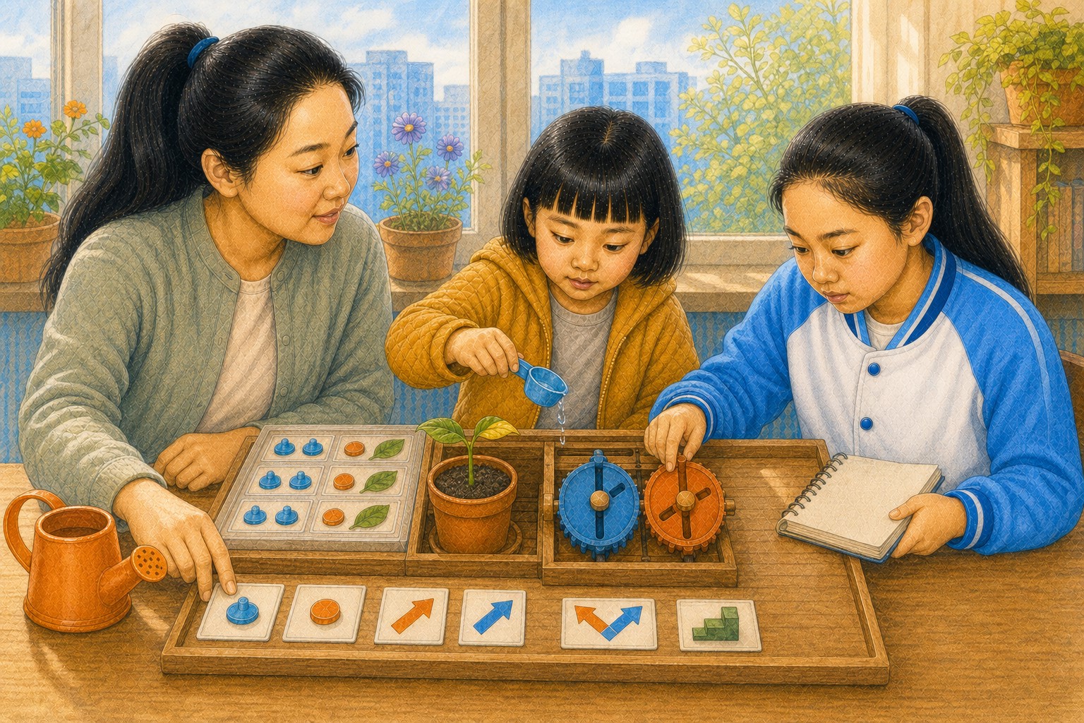 雨后阳光照进窗台，小苗重新挺立并长出新叶，米悦只加一小勺水，开米把灯调到适中并记录，妈妈把两个控制卡、两张方向卡和共同下坡步骤依次摆好