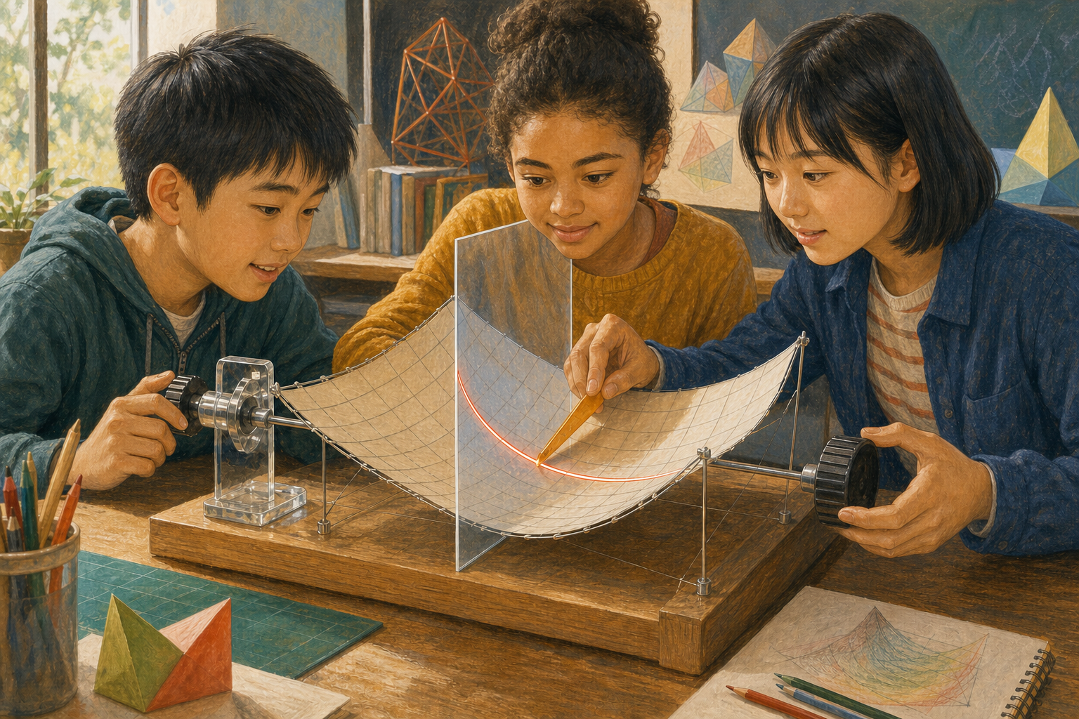 三位不同文化背景的学生操作曲面模型，一个旋钮被固定，透明截面切出一条曲线